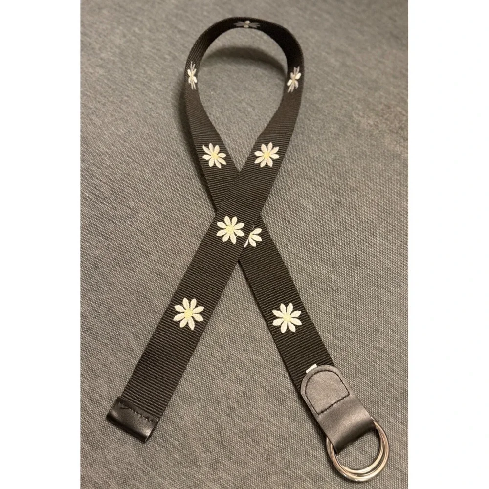 Kids Daisy Embroidered Web Belt D-Ring Adjustable Floral Canvas‎ Brown Black